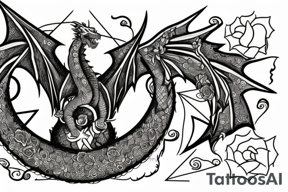 A big fire breathing dragon with Himalayan flowers an eye inside a triangle with a clock and roses tattoo idea