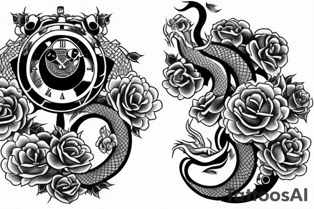 A Japanese dragon with Himalayan flowers an eye inside a triangle with a clock and roses in separate pieces tattoo idea