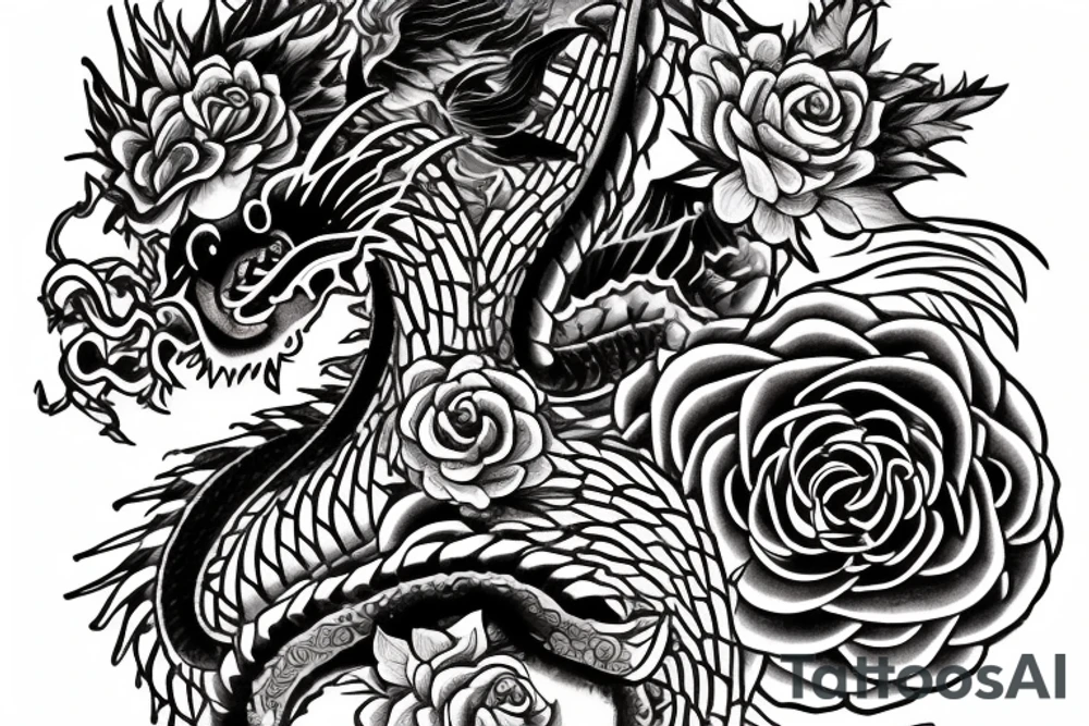 A Japanese dragon with Himalayan flowers an eye inside a triangle with a clock and roses in separate pieces tattoo idea