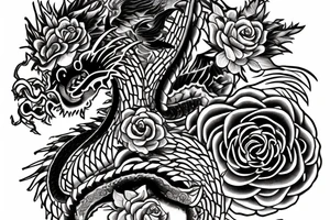 A Japanese dragon with Himalayan flowers an eye inside a triangle with a clock and roses in separate pieces tattoo idea