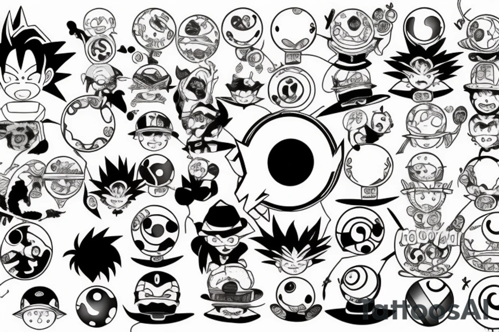 A dragonball, a pokeball, luffys straw hat, and a hidden leaf headband tattoo idea