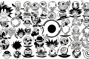 A dragonball, a pokeball, luffys straw hat, and a hidden leaf headband tattoo idea