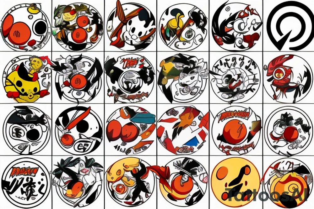 A dragonball, a pokeball, luffys straw hat, and a hidden leaf headband tattoo idea