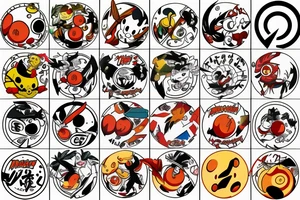 A dragonball, a pokeball, luffys straw hat, and a hidden leaf headband tattoo idea