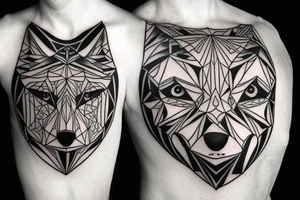 a geometric design featuring a wolf howling at the moon tattoo idea