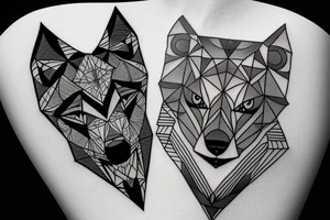 a geometric design featuring a wolf howling at the moon tattoo idea