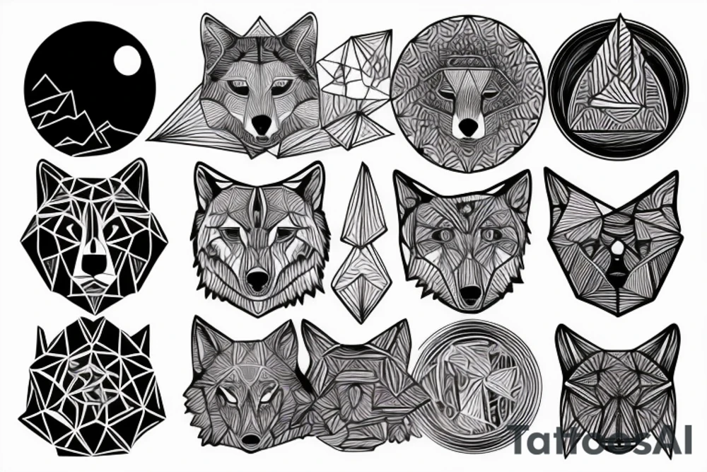 a geometric design featuring a wolf howling at the moon on the right hand tattoo idea