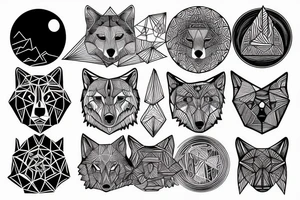 a geometric design featuring a wolf howling at the moon on the right hand tattoo idea