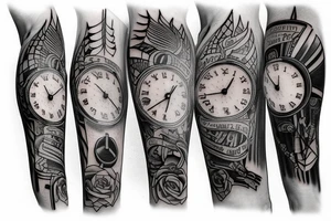 a forearm tatto with a clock and a arrow and the text "Never Again tattoo idea