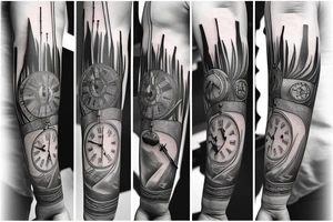 a forearm tatto with a clock and a arrow and the text "Never Again tattoo idea