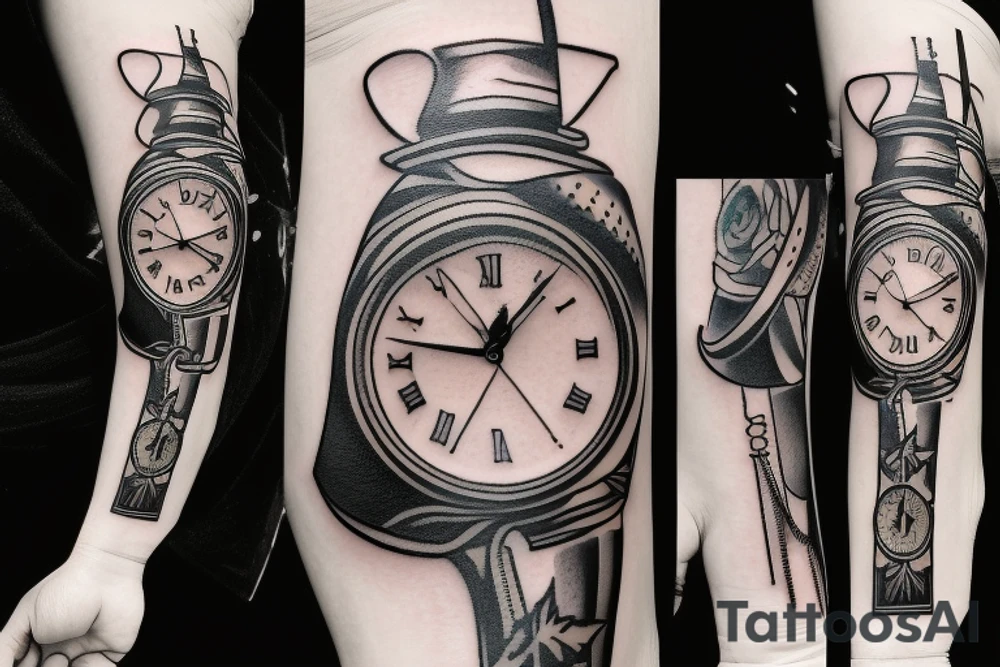 a forearm tatto with a clock and a arrow and the text "Never Again tattoo idea