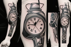 a forearm tatto with a clock and a arrow and the text "Never Again tattoo idea