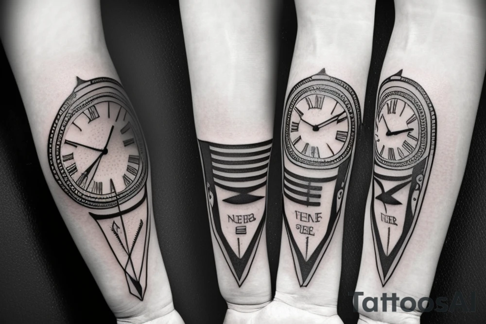 a forearm tatto with a clock and a arrow and the text "Never Again tattoo idea