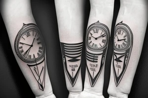 a forearm tatto with a clock and a arrow and the text "Never Again tattoo idea