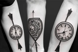 a forearm tatto with a clock and a arrow and the text "Never Again" tattoo idea
