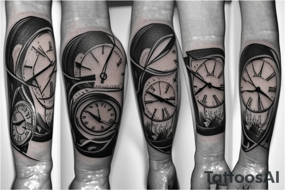 a forearm tatto with a clock and a arrow and the text "Never Again" tattoo idea