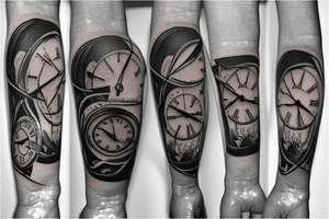 a forearm tatto with a clock and a arrow and the text "Never Again" tattoo idea