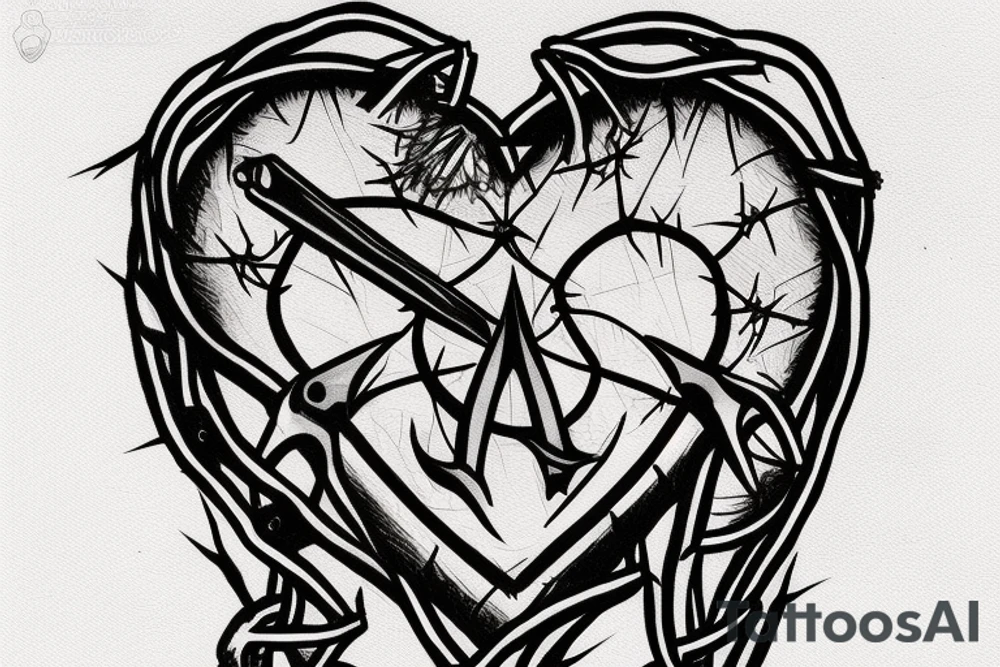 pierced heart with an m9 knife surrounded by a crown of thorns tattoo idea