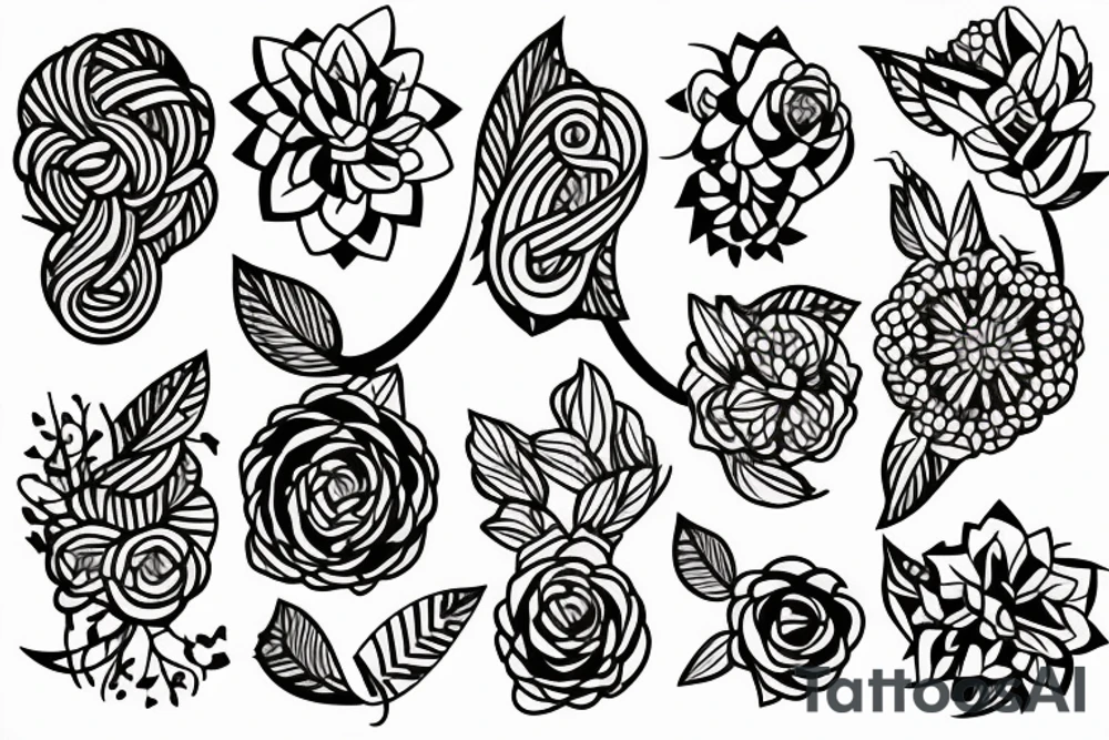Abstract figures with flowers and branches tattoo idea