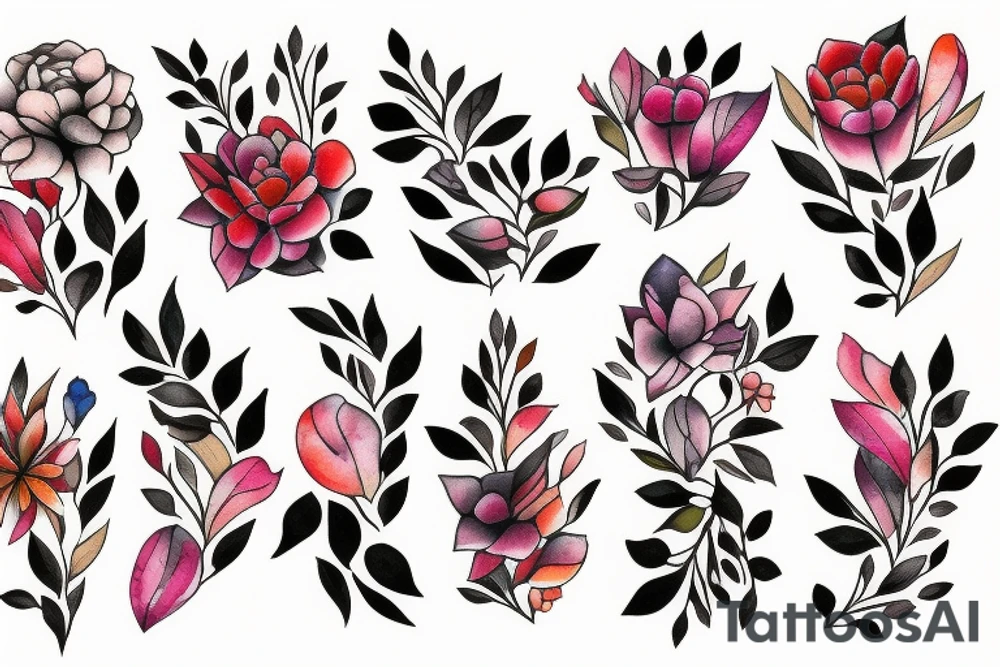 Abstract figures with flowers and branches tattoo idea