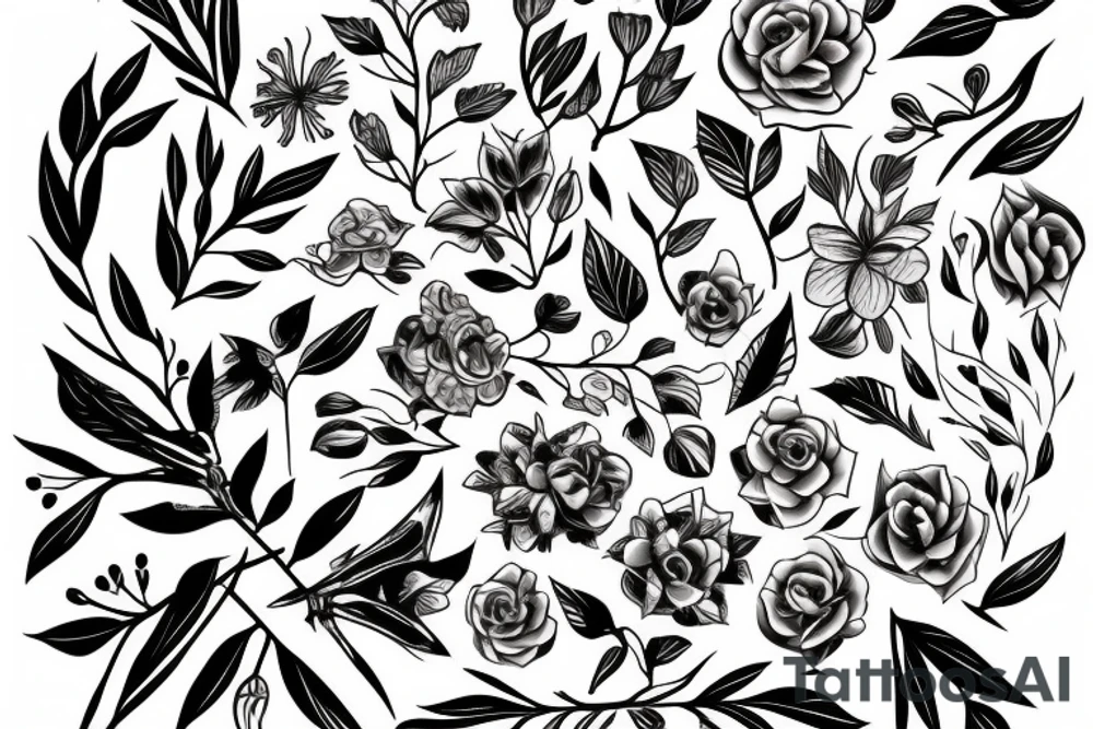Abstract figures with flowers and branches tattoo idea