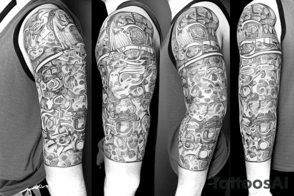 Trash polka sleeve without skulls tattoo idea