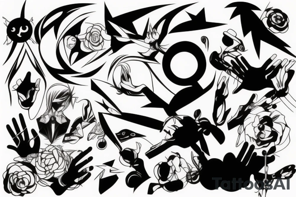 Anime minimalism all over the hand, lines, shapes tattoo idea