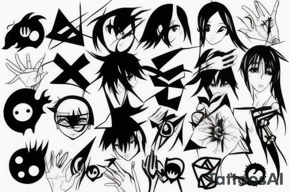 Anime minimalism all over the hand, lines, shapes tattoo idea