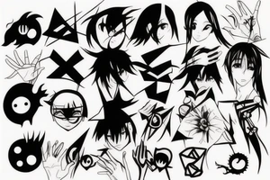 Anime minimalism all over the hand, lines, shapes tattoo idea