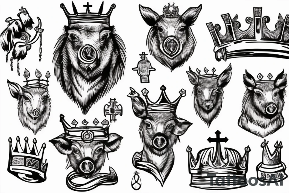 Wild boar’s head with crown on its head and church bells around its neck tattoo idea