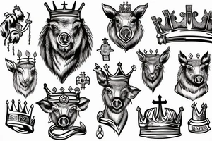 Wild boar’s head with crown on its head and church bells around its neck tattoo idea
