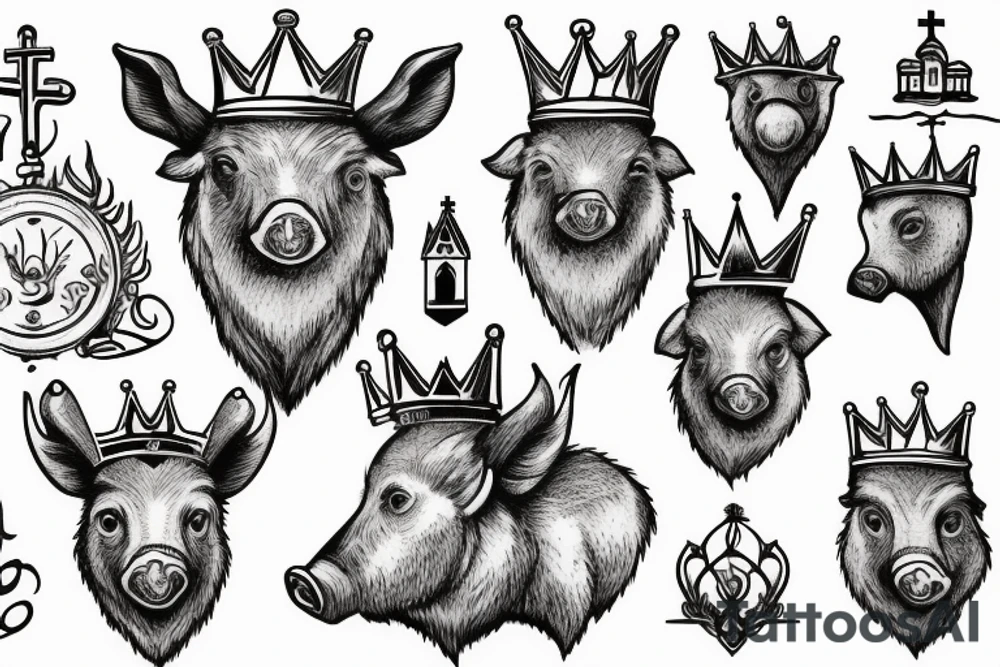 Wild boar’s head with crown on its head and church bells around its neck tattoo idea