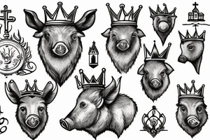 Wild boar’s head with crown on its head and church bells around its neck tattoo idea