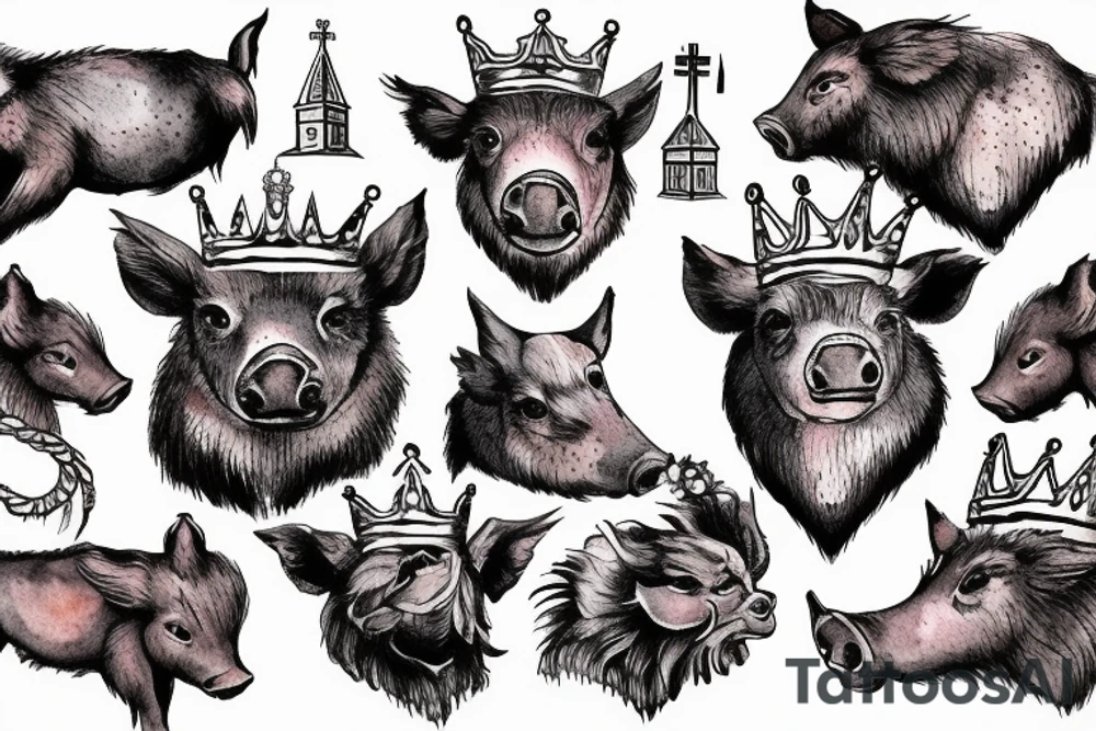 Wild boar’s head with crown on its head and church bells around its neck tattoo idea
