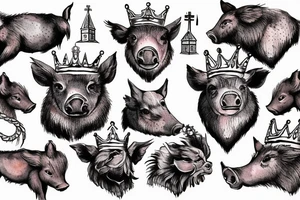 Wild boar’s head with crown on its head and church bells around its neck tattoo idea