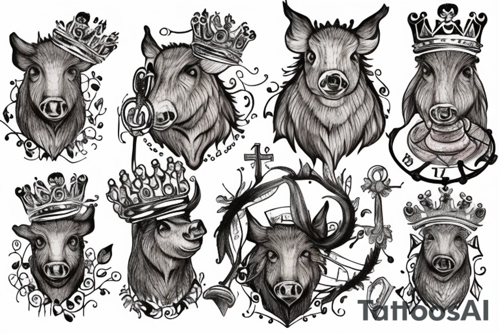Wild boar’s head with crown on its head and church bells around its neck tattoo idea