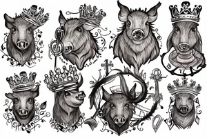 Wild boar’s head with crown on its head and church bells around its neck tattoo idea