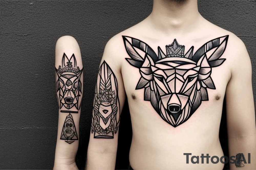 Wild boar’s head with crown on its head and church bells around its neck tattoo idea