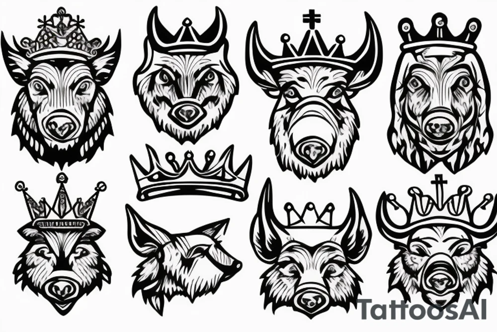 Wild boar’s head with crown on its head and church bells around its neck tattoo idea