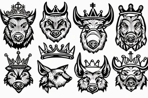 Wild boar’s head with crown on its head and church bells around its neck tattoo idea