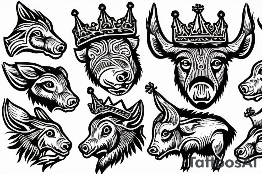 Wild boar’s head with crown on its head and church bells around its neck tattoo idea