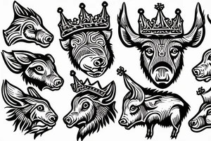 Wild boar’s head with crown on its head and church bells around its neck tattoo idea