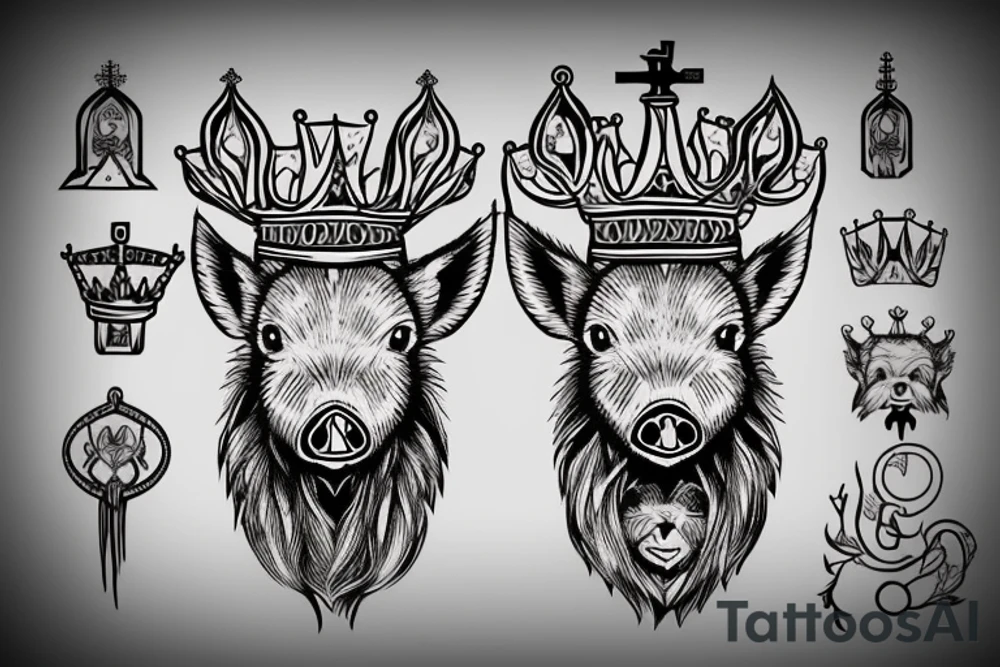 Wild boar’s head with crown on its head and church bells around its neck tattoo idea
