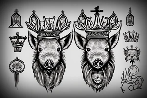 Wild boar’s head with crown on its head and church bells around its neck tattoo idea