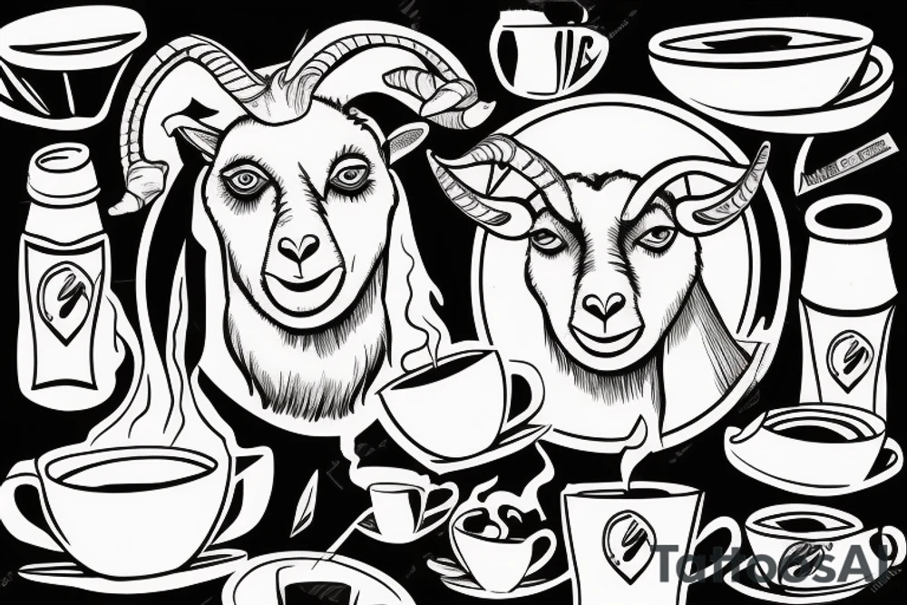 a goat-headed man drinking coffee next to a volcano tattoo idea