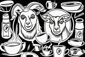 a goat-headed man drinking coffee next to a volcano tattoo idea