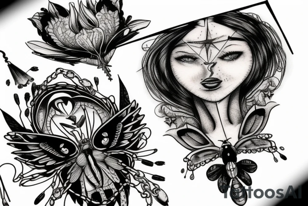 different eyes with chains and bugs tattoo idea