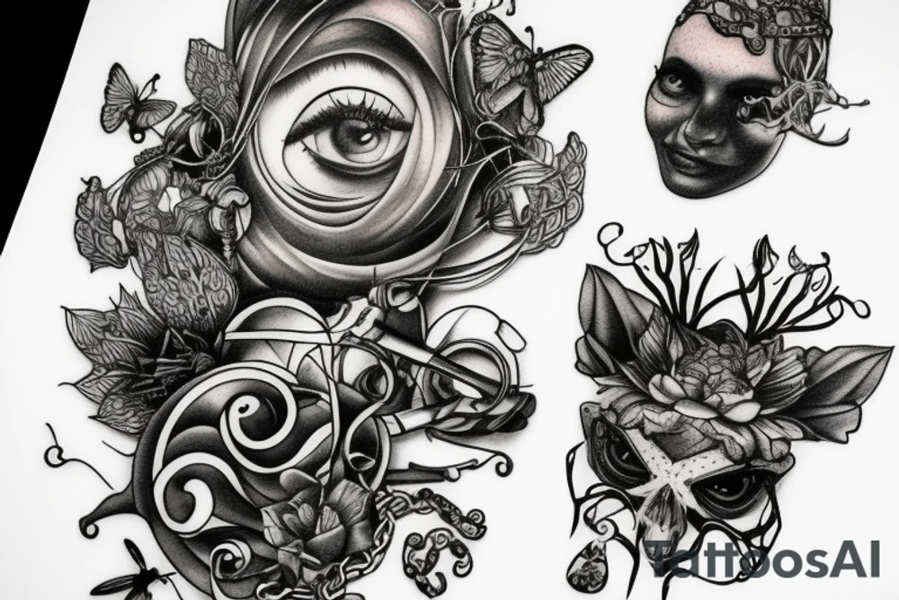 different eyes with chains and bugs tattoo idea