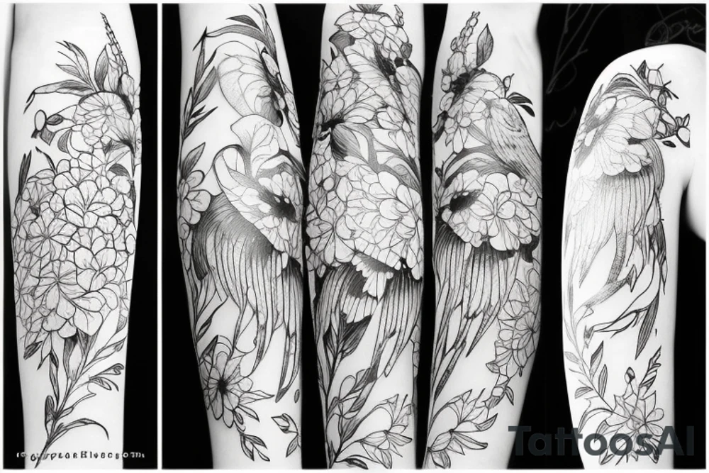 beautiful and delicate bird like a flower in Miazaki style tattoo idea