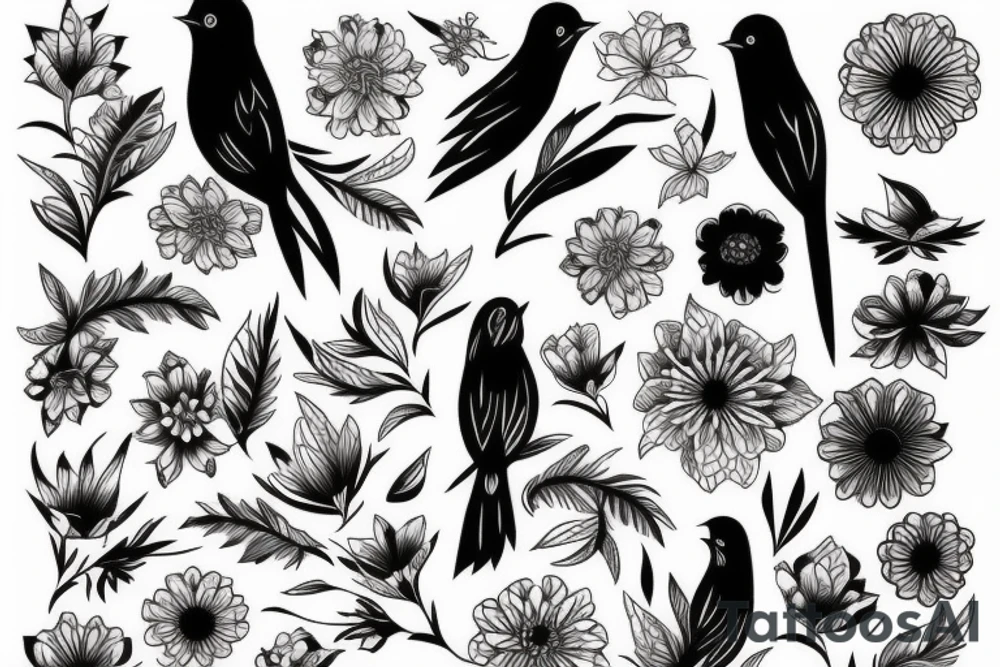 beautiful and delicate bird like a flower in Miazaki style tattoo idea